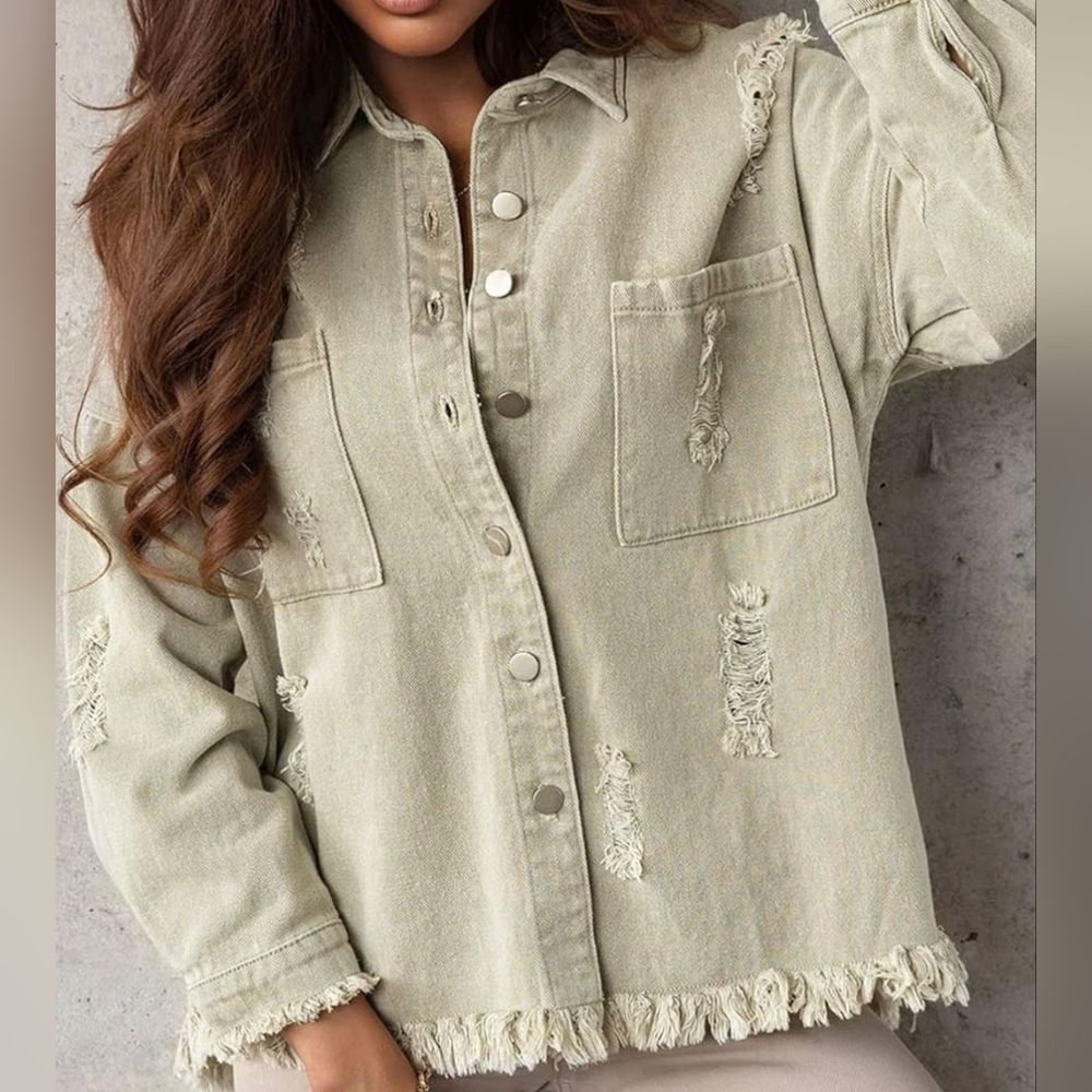 NWOT EVALESS Jean Jacket Distressed Frayed Denim Jacket Ladies Size Large